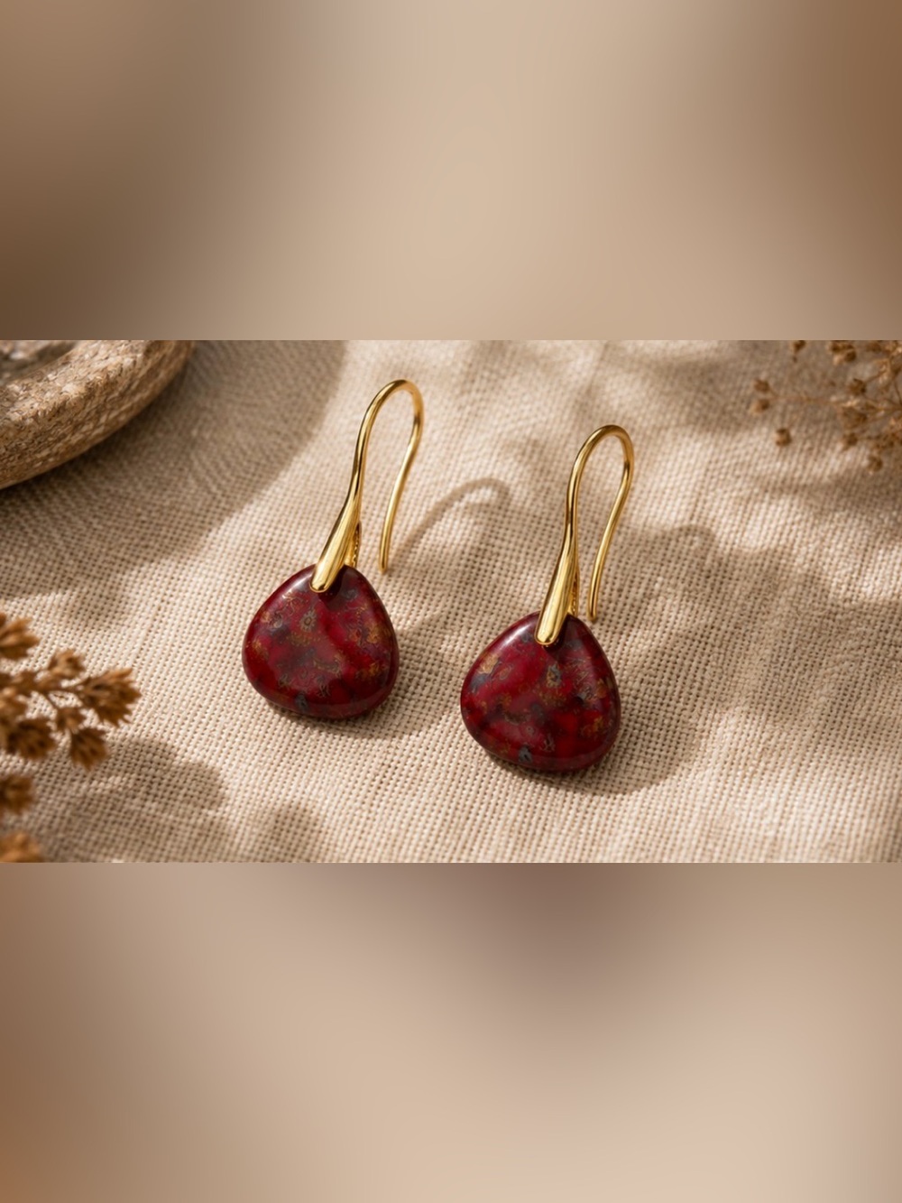 Gold Hook Red Stone Drop Earrings